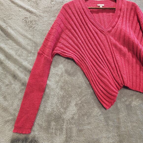 Pilcro Hot Pink V Neck Ribbed Boxy Dolman Sleeve Sweater Size Small Oversized - Picture 2 of 11